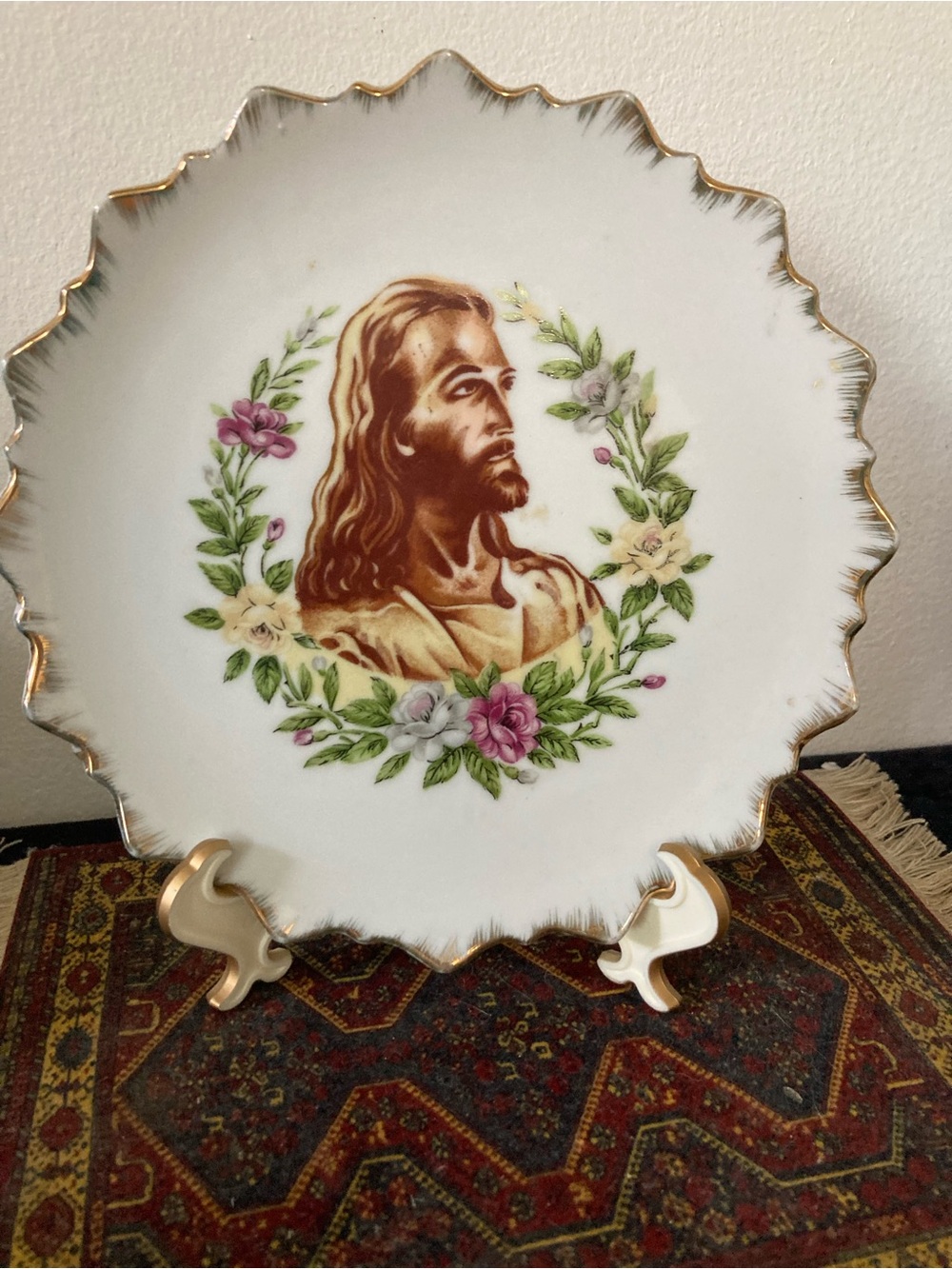 Gold-Trimmed Souvenir Jesus Plate w/Floral Wreath Porcelain Decorative Japan Vtg